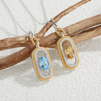 S925 Sterling Silver Pendant Necklace with Natural Citrine and Topaz Gemstones